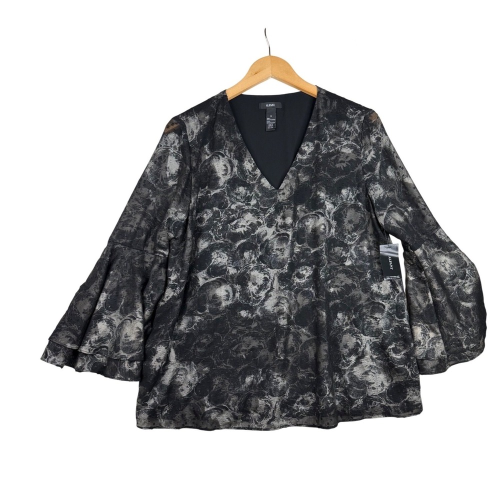 New Alfani Swiss Dot Bell Sleeve Blouse size Medium Black/White